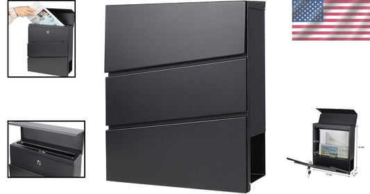Durable Black Mailbox with Key Lock & Integrated Newspaper Holder, 13" x 14.4"