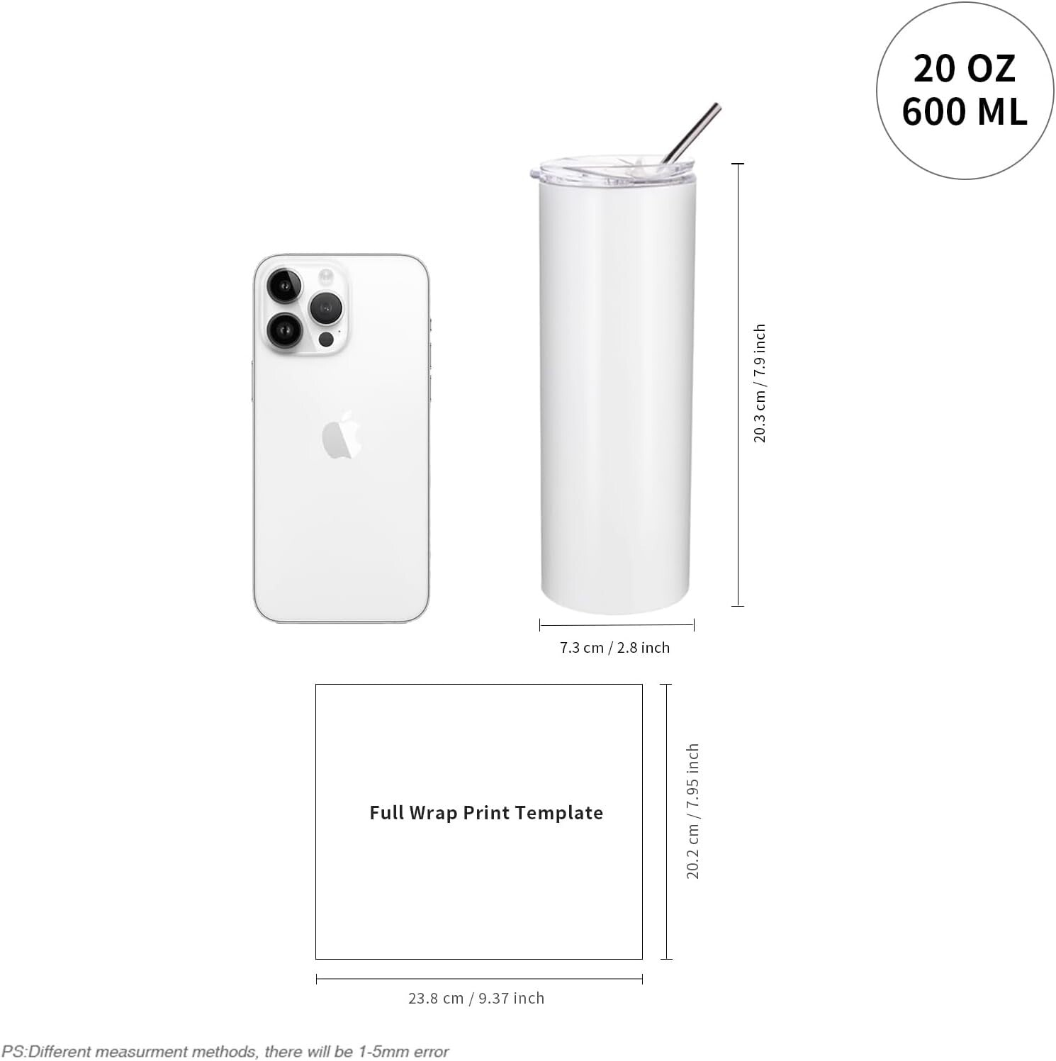 Bulk 10-Pack 20 oz Sublimation Skinny Tumblers - White Stainless Steel Cups