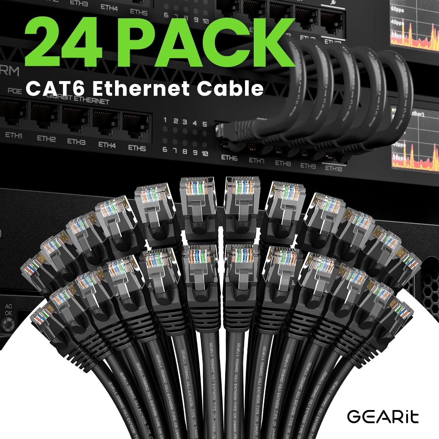 Reliable Cat 6 Ethernet Cable 24-Pack - 6 Feet with Gold-Plated RJ45 Connectors