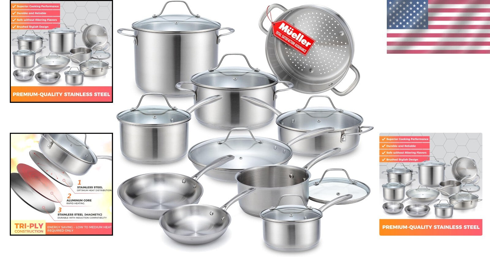 17-Piece Ultra-Clad Stainless Steel Cookware Set with Induction compatibility