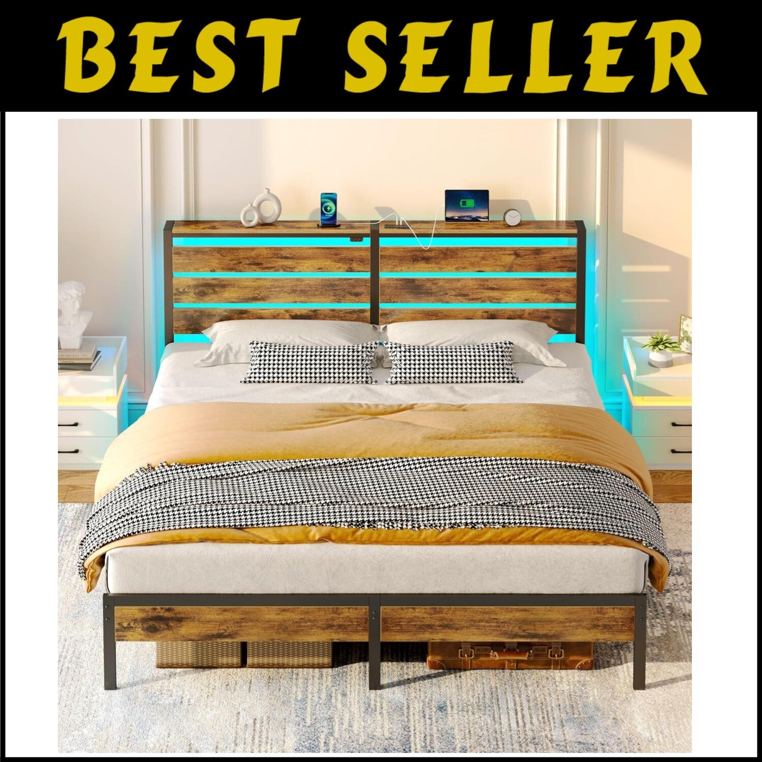 Multi-Functional King Bed Frame with USB Ports, LED Lights & Storage Solutions