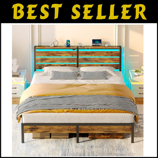 Multi-Functional King Bed Frame with USB Ports, LED Lights & Storage Solutions