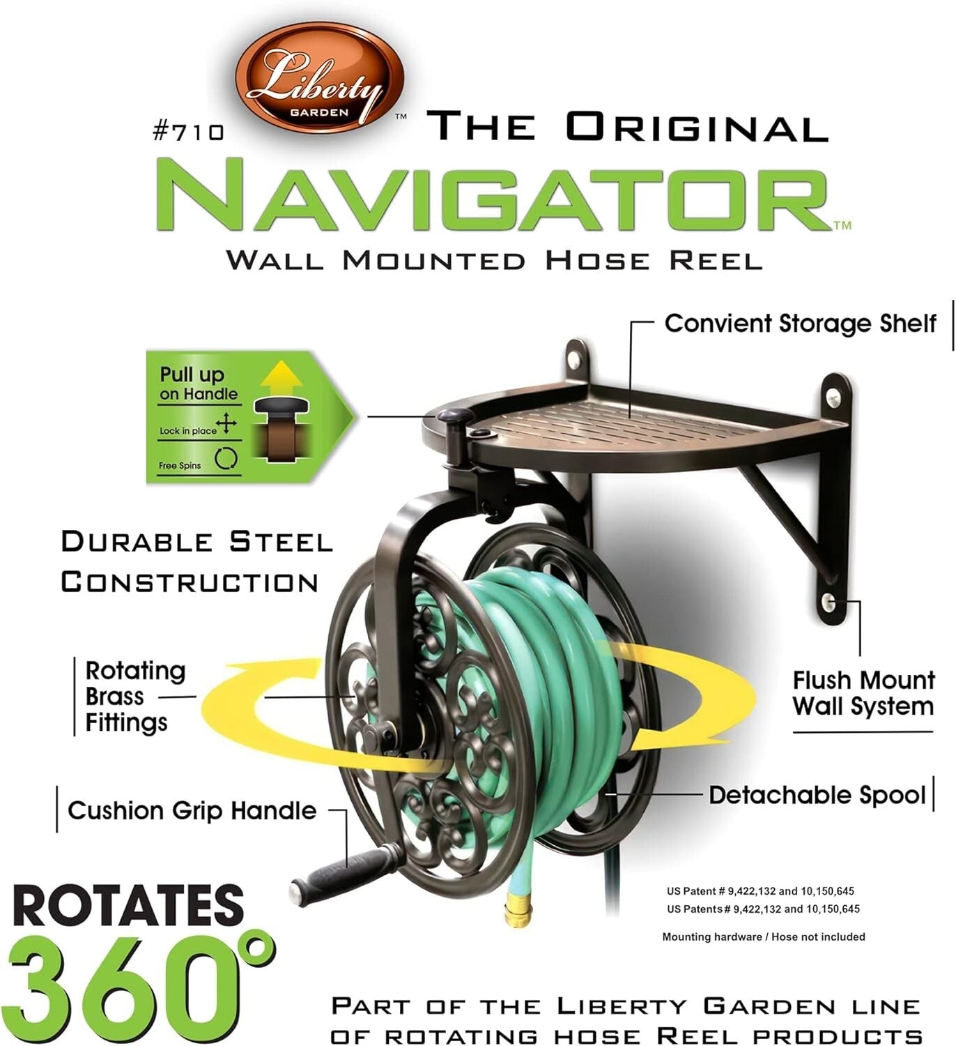Weather-Resistant Navigator Hose Reel - Holds 125ft, Elegant Bronze Finish