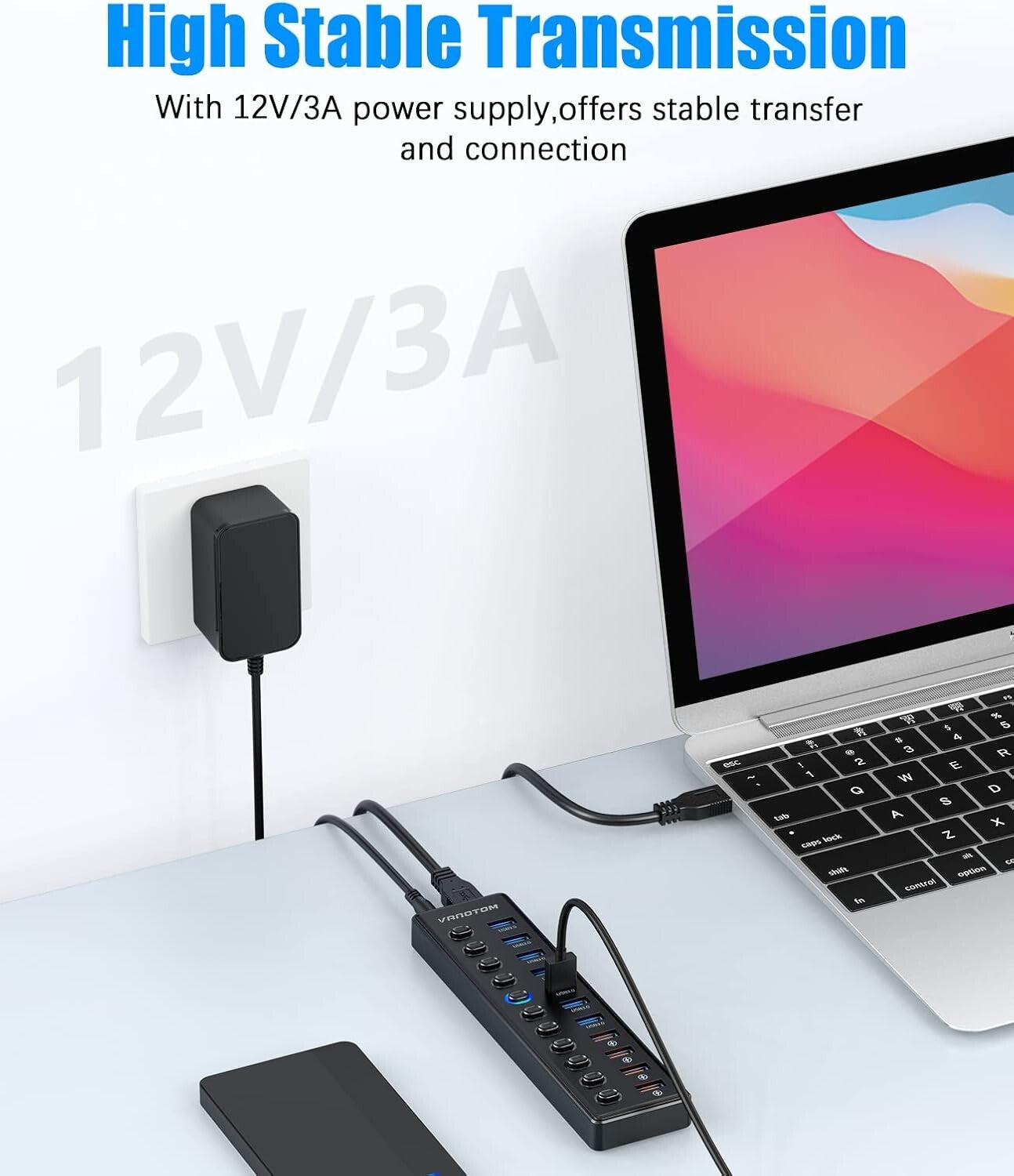 Powered 11-Port USB Hub 3.0 Splitter with Smart Charging & Individual Switches