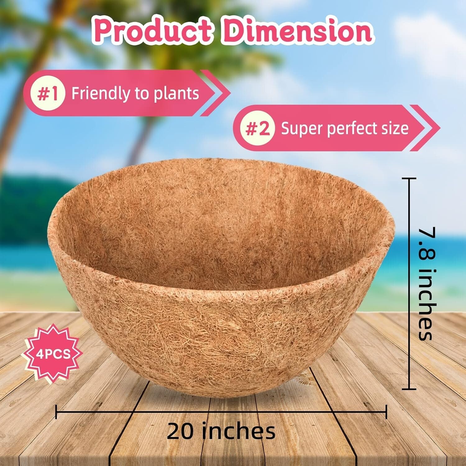 4 Pack 20" Round Natural Coconut Coir Liners for Beautiful Hanging Baskets