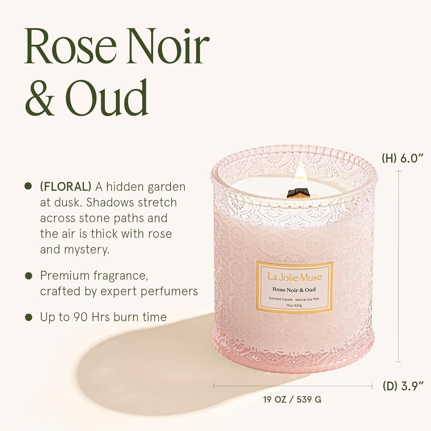 Artisanal 19 Oz Rose Noir Oud Candle - Elegant Glass & Eco-Conscious Design