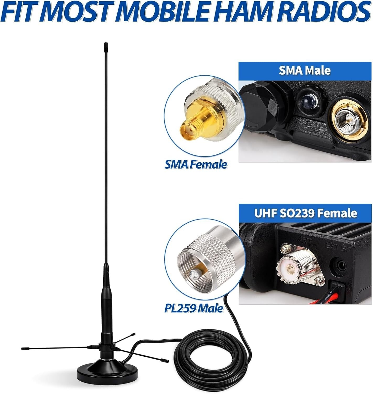 5M Cable Mobile Ham Radio Antenna with Dual Band Magnetic Mount - Easy Install
