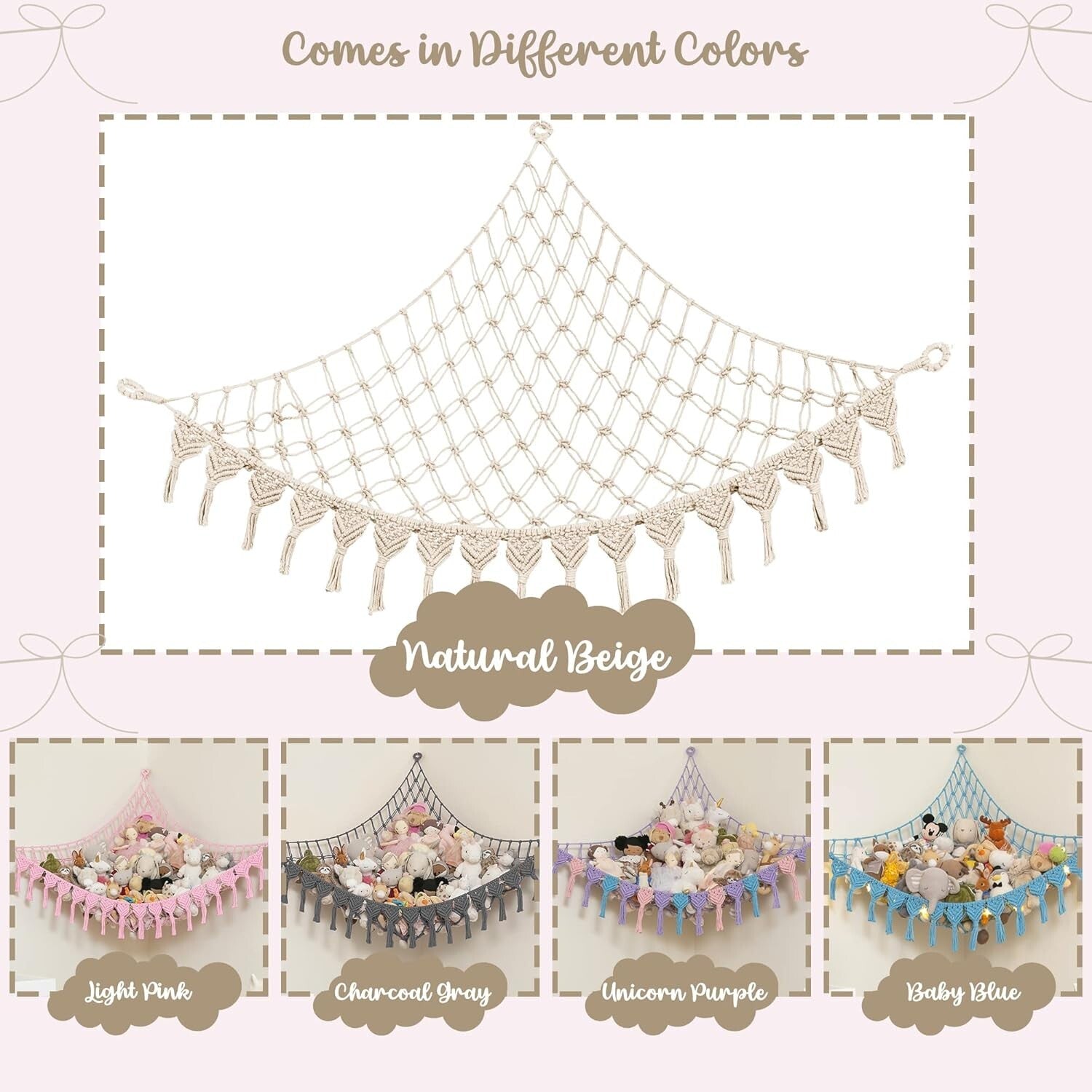 Extra Large Natural Cotton Stuffed Animal Hammock with LED Lights - Boho Storage