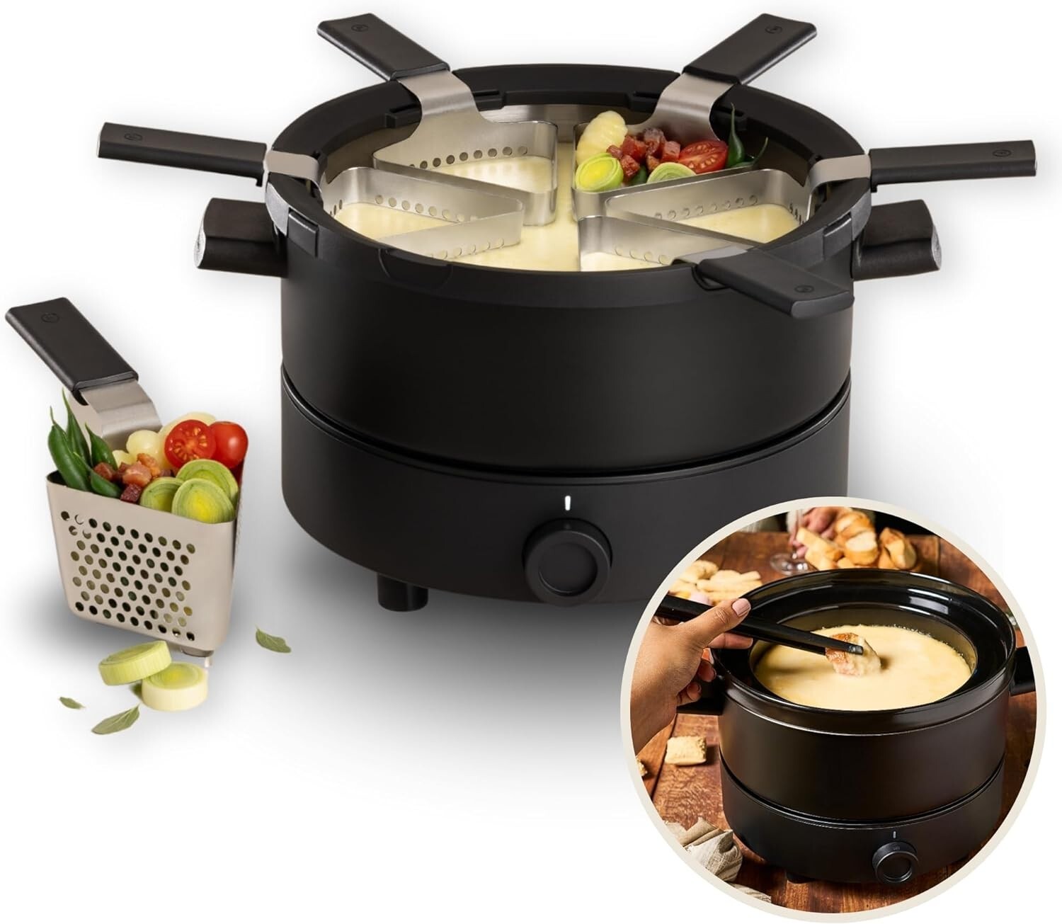 Ceramic Electric Fondue Set for Chocolate, Cheese & Broth - 6 Baskets Included