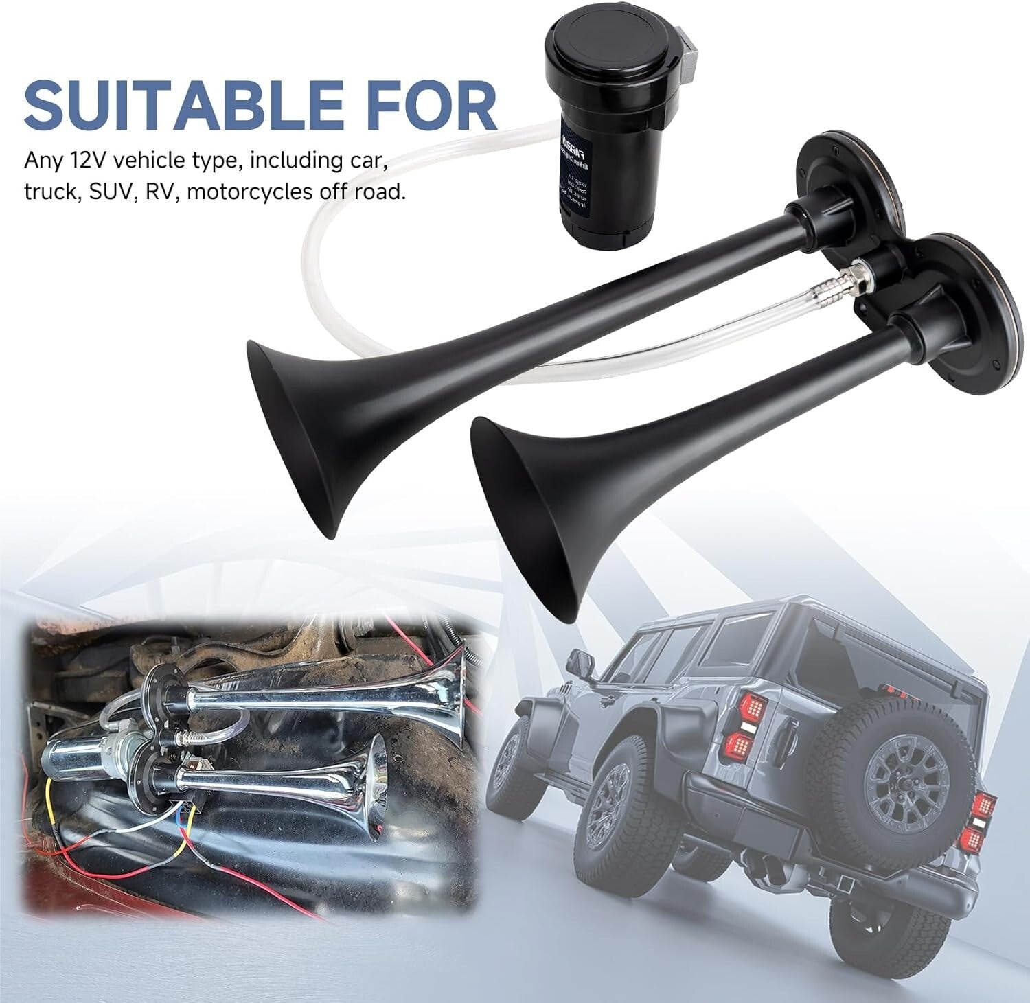 Powerful 150dB Train Horn Kit for Cars and Trucks – Loud Dual Trumpet Design