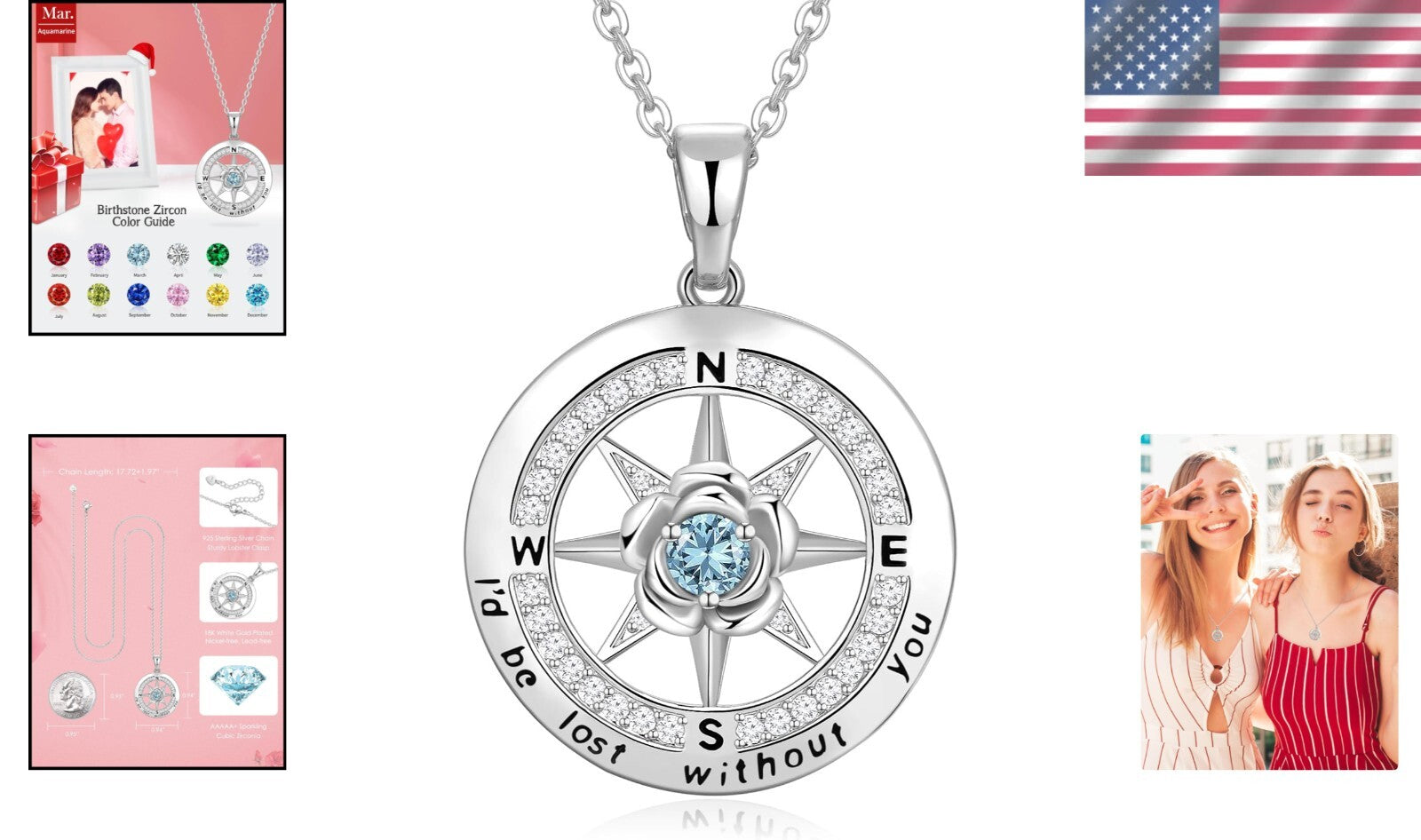 Engraved Rose Flower Compass Necklace for Women - Sterling Silver Gemstone Gift