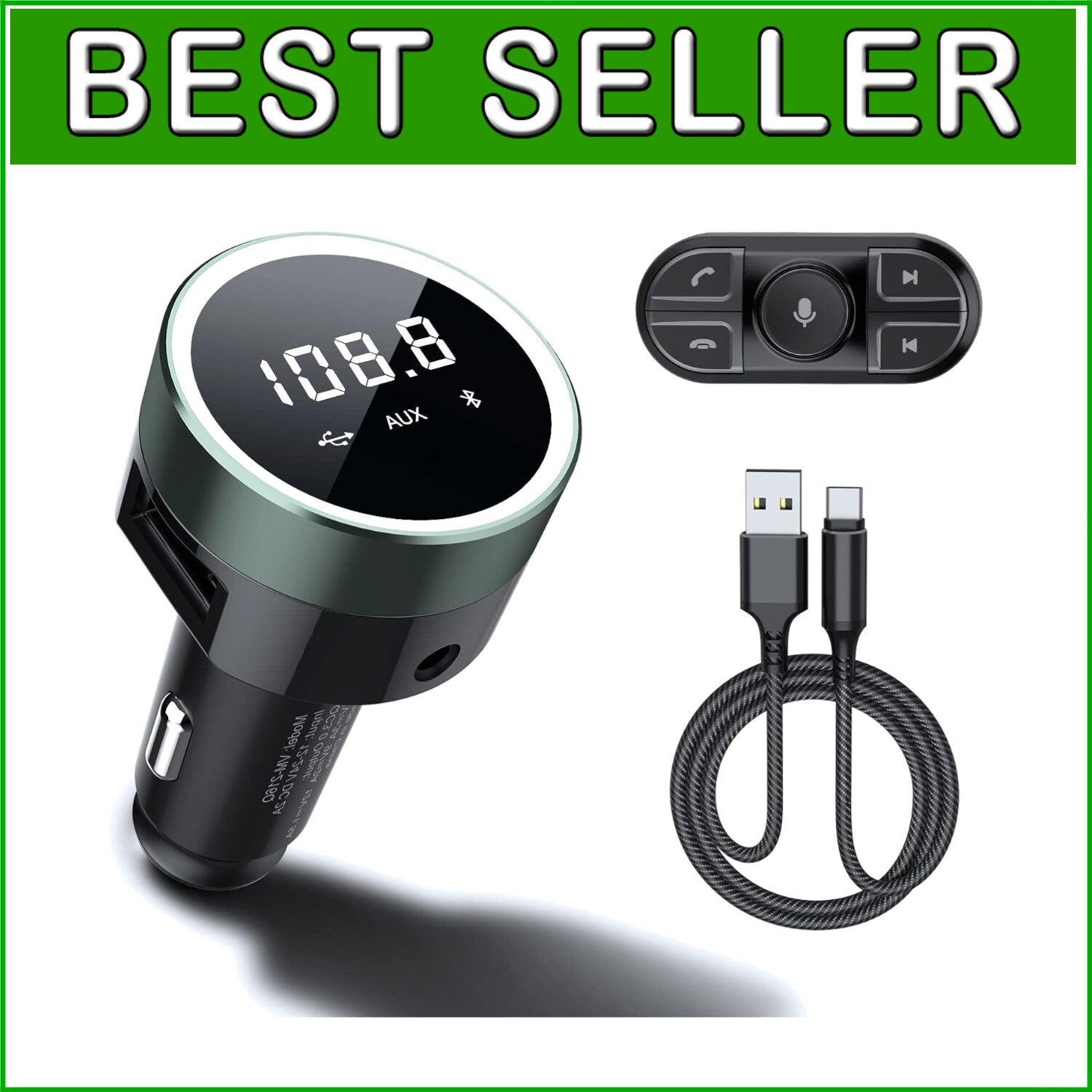 Bluetooth Car Adapter with Remote & Dual USB Charger - Hands-Free FM Transmitter