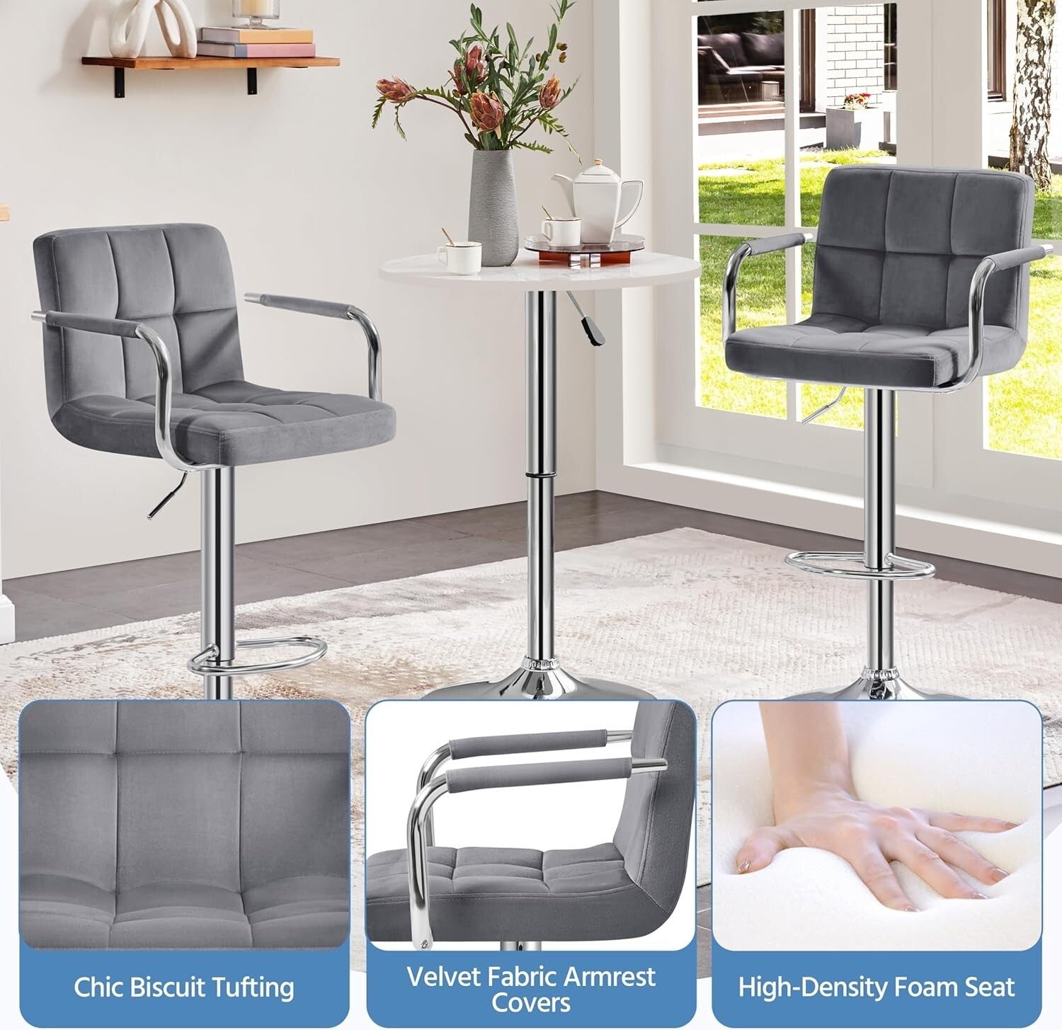 Set of 2 Elegant Velvet Swivel Bar Stools with Adjustable Height - Modern Design