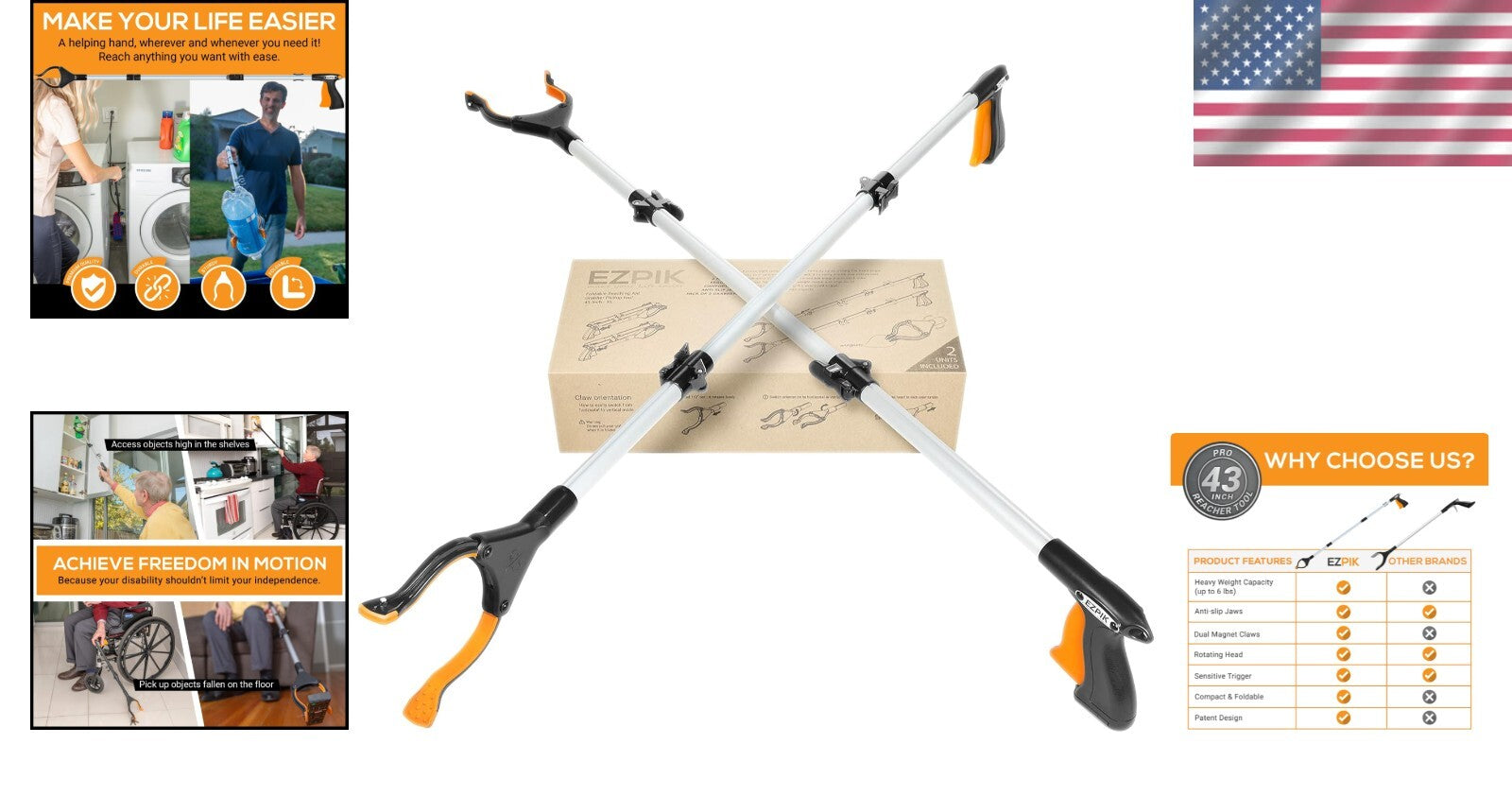 Foldable Grabber Reacher 2-Pack - 43-Inch Heavy Duty Tool for Easy Reaching
