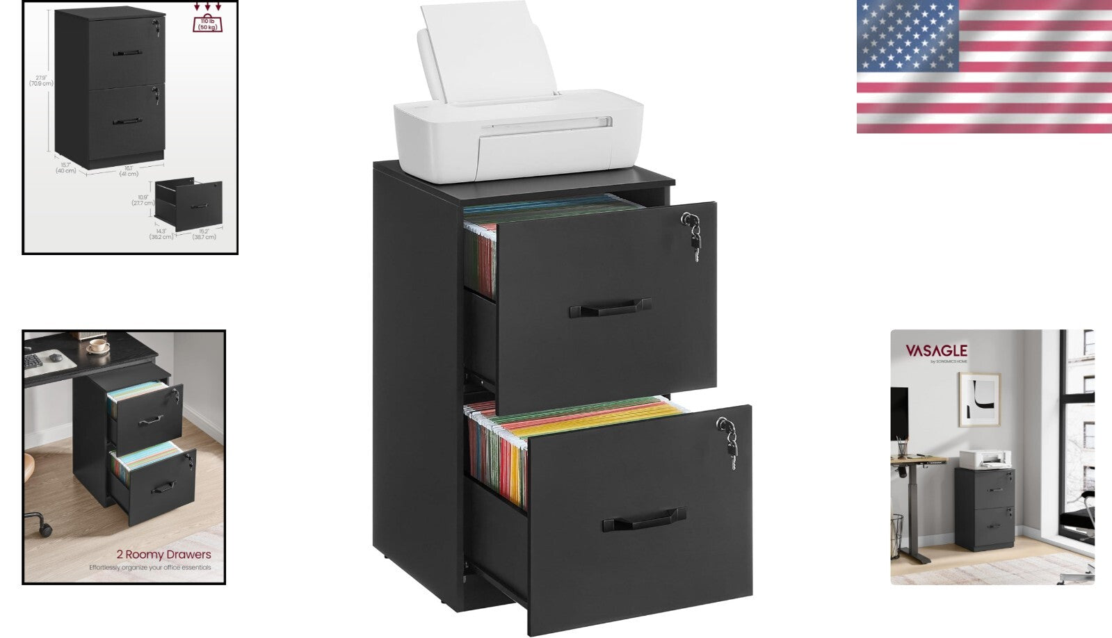 Stylish Ink Black Office Filing Cabinet with Lockable Drawers - Freestanding
