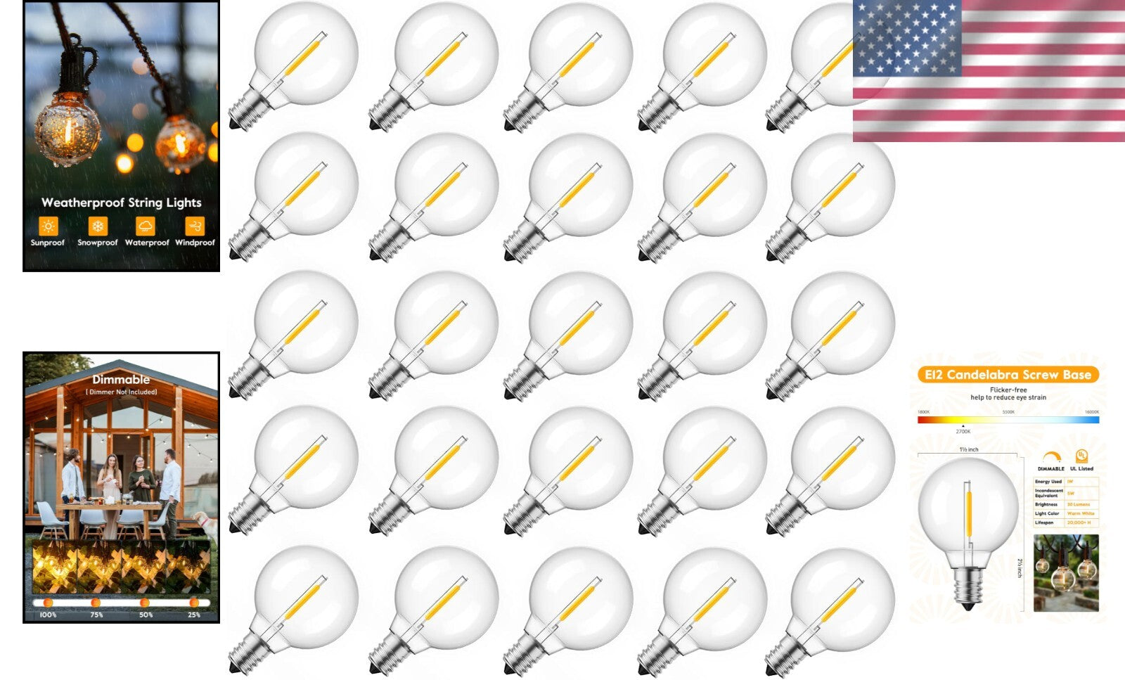 G40 1W LED Bulbs: 50-Pack Shatterproof Warm White Light for Indoor & Outdoor Use