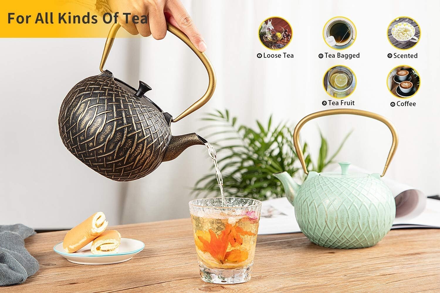 34 Oz Japanese Cast Iron Tea Kettle - Stovetop Safe with Stainless Steel Infuser