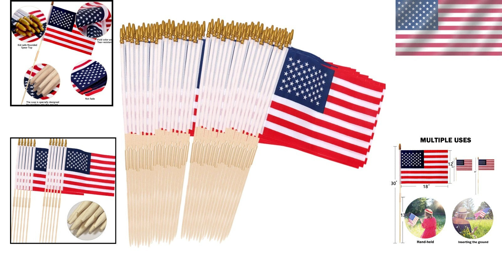 Multi-Purpose 100 Pcs American Flags with Connectable Flag Poles - Outdoor Decor