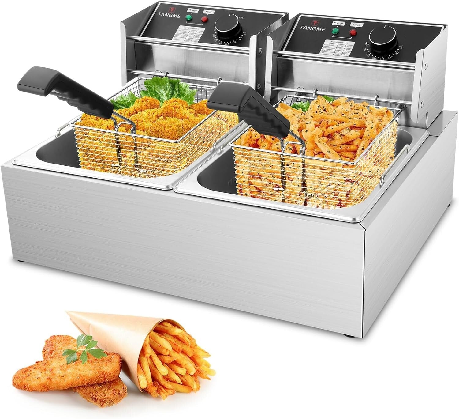 3400W Commercial Deep Fryer with 2x6.35QT Baskets - Stainless Steel Design