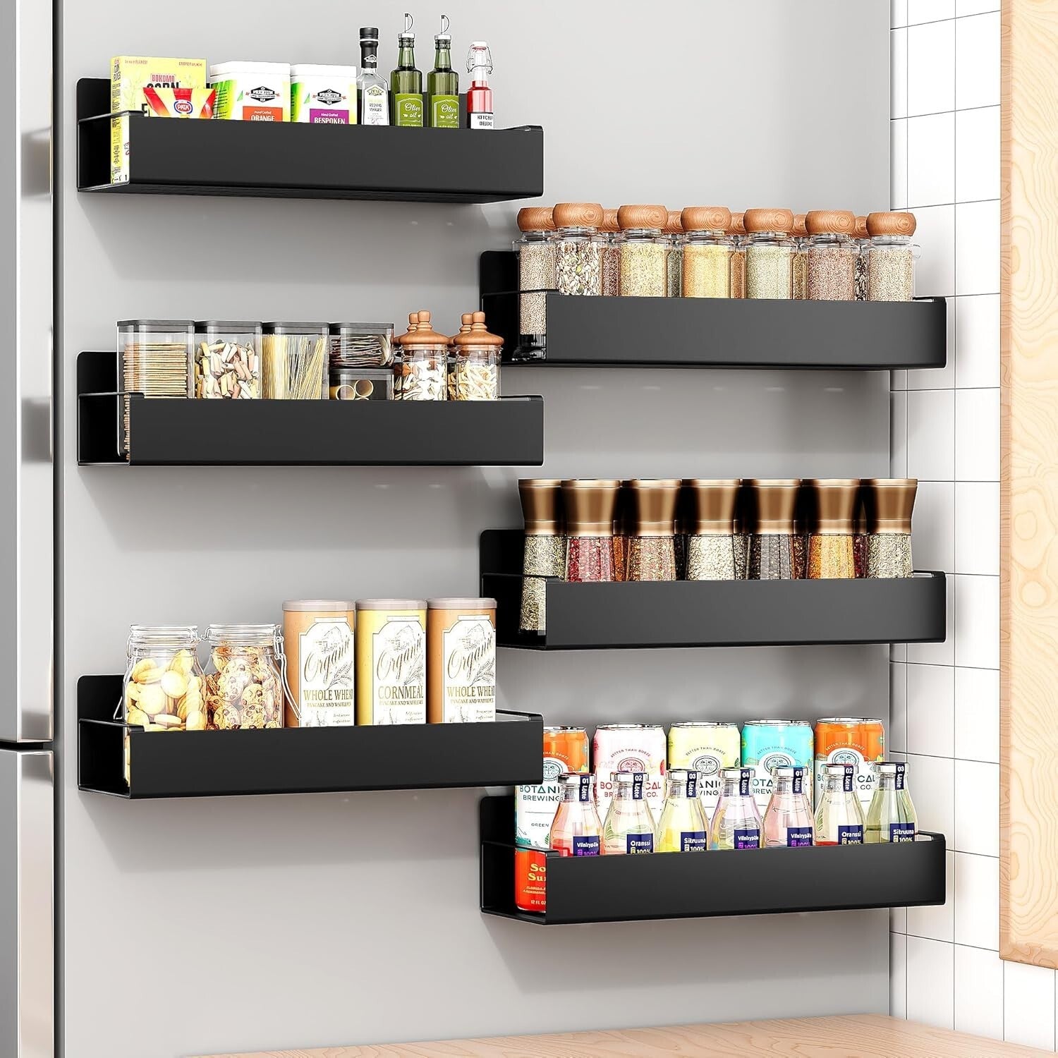 6-Pack Moveable Metal Black Magnetic Spice Racks - Modern Kitchen Organizer
