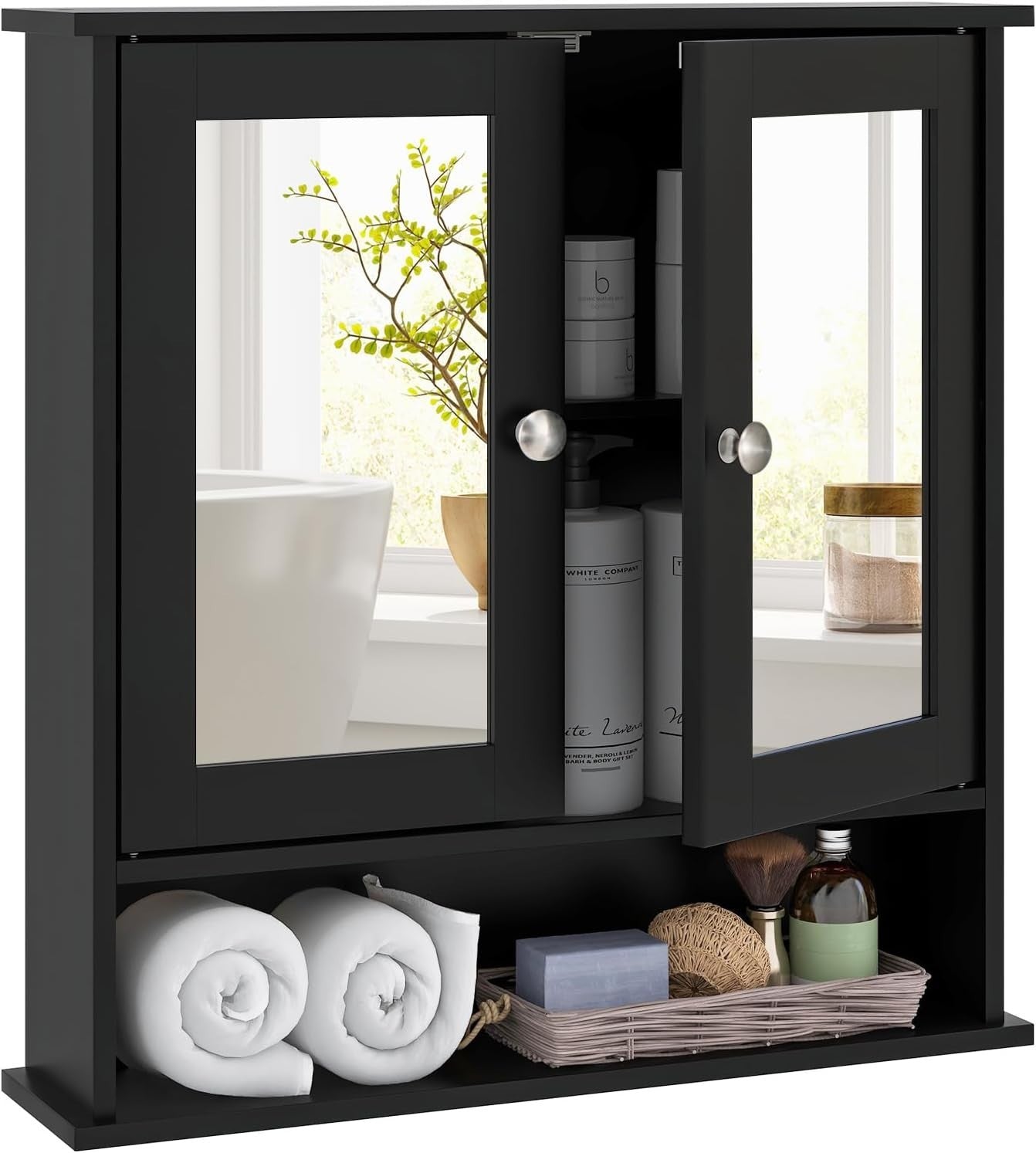 Black Wooden Bathroom Organizer with Double Mirror Doors - Space-Saving Design