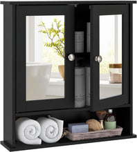 Load image into Gallery viewer, Black Wooden Bathroom Organizer with Double Mirror Doors - Space-Saving Design