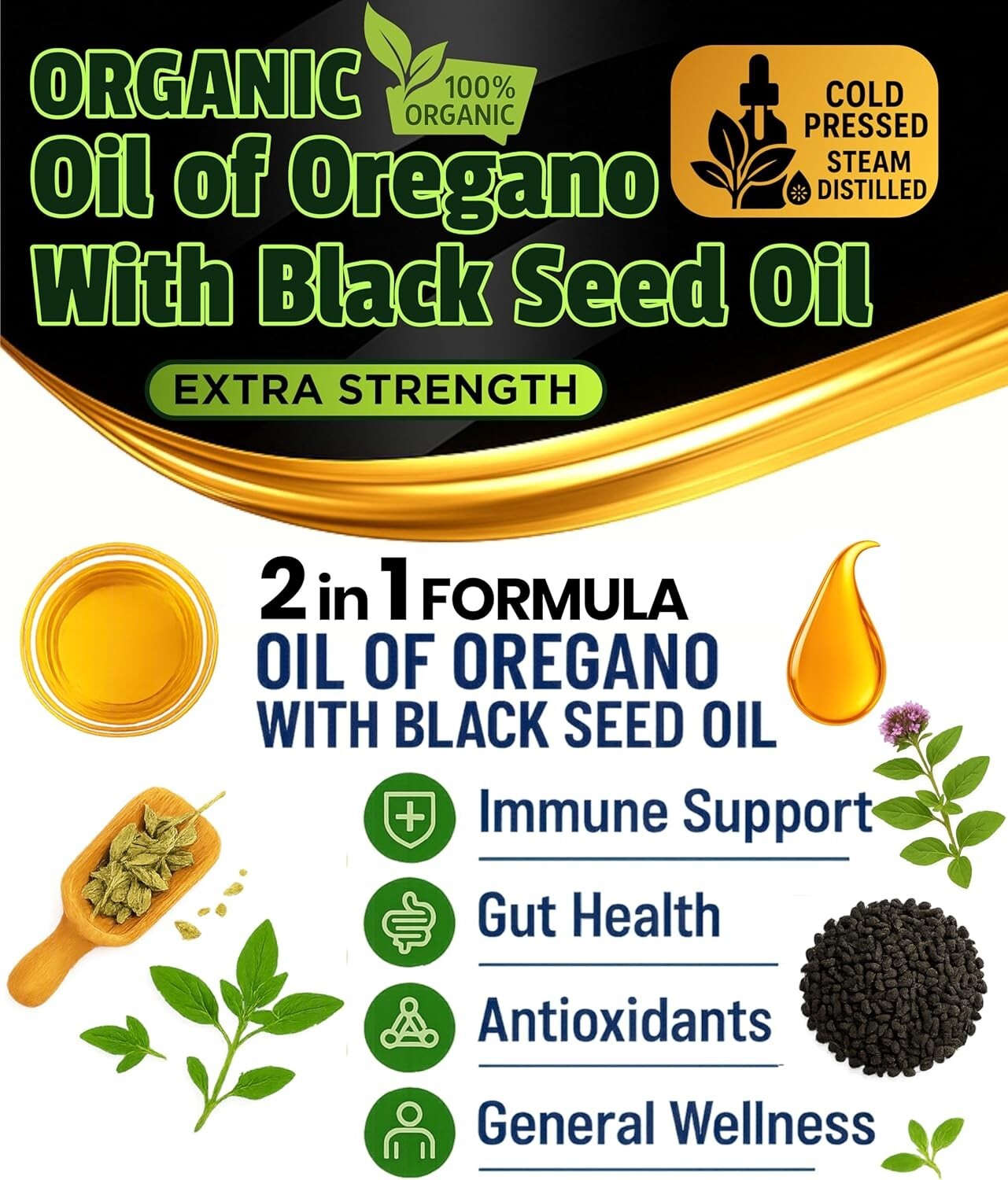 Natural Oil of Oregano & Black Seed Extract - Organic 400 Servings for Vitality
