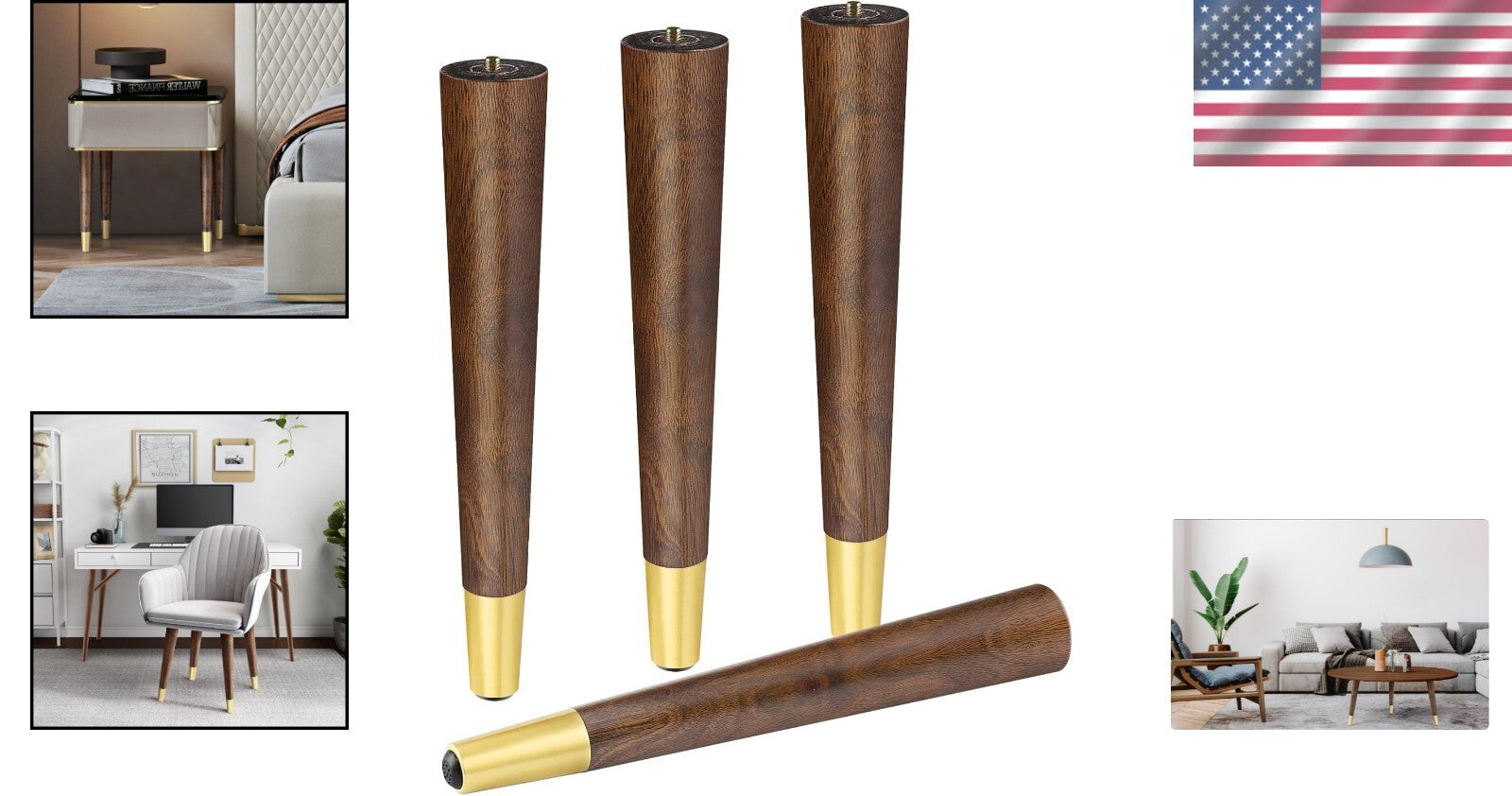 Elegant Walnut Coffee Table Legs - Mid-Century Modern Furniture Feet 16"