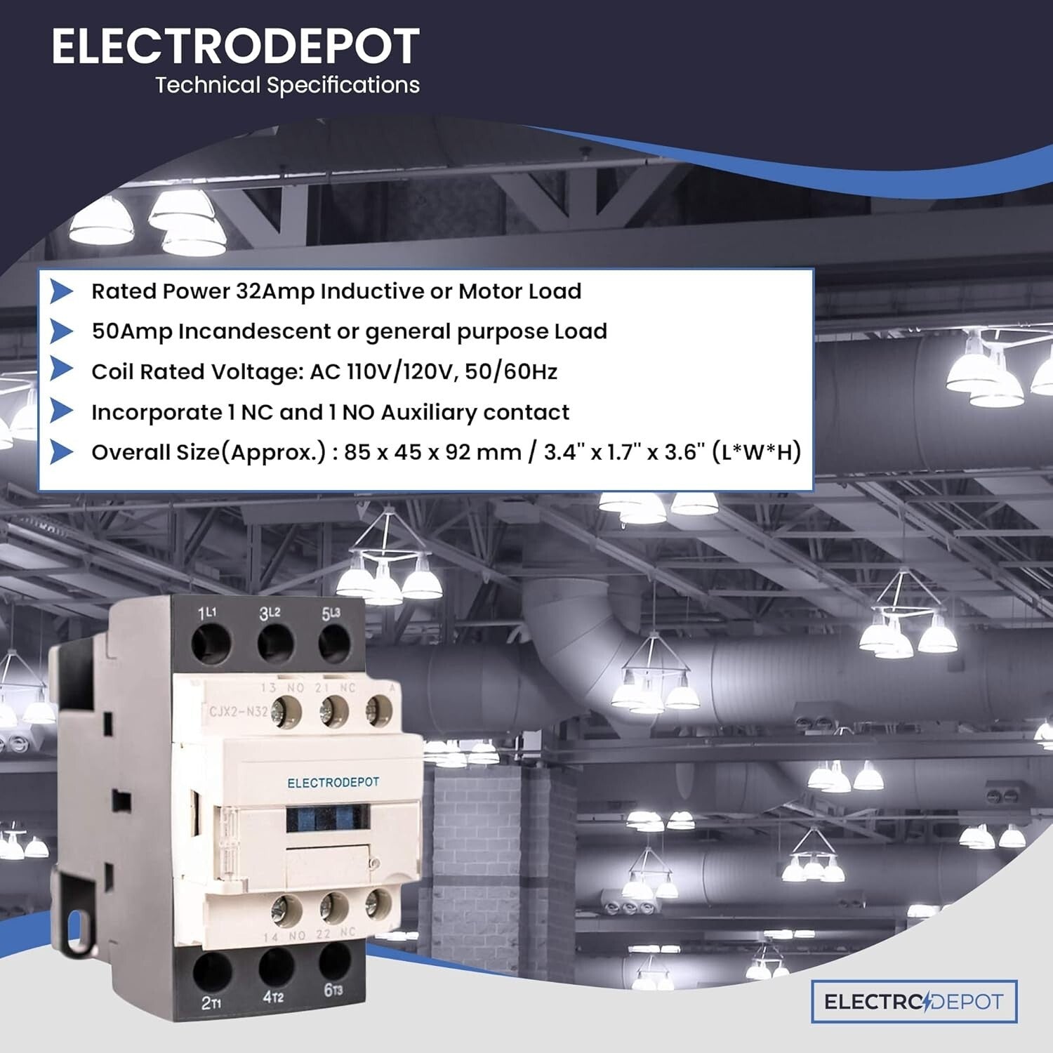 30A 3-Pole Contactor with 110V Coil and 32A Motor Control, 600V Rated