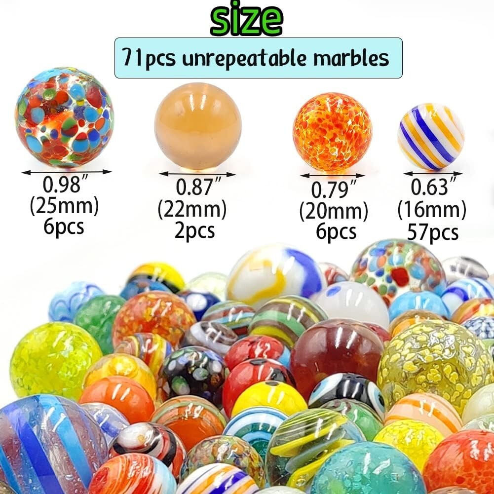 Assorted 71pcs Glass Marbles with 3 Glow-in-the-Dark - Fun for Kids & Collectors