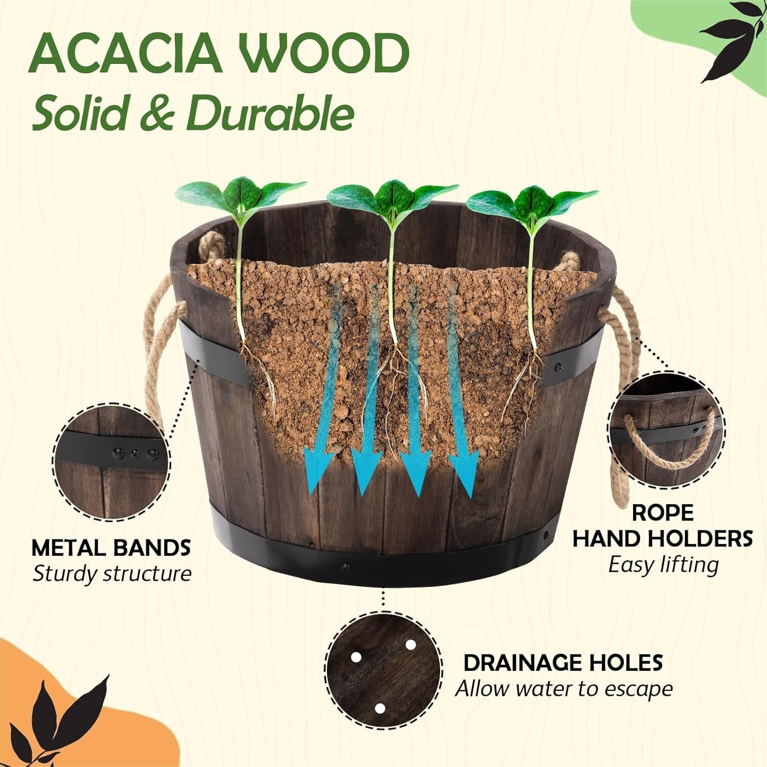 Durable Outdoor Acacia Wood Barrel Planters - Set of 3 with Drainage Holes
