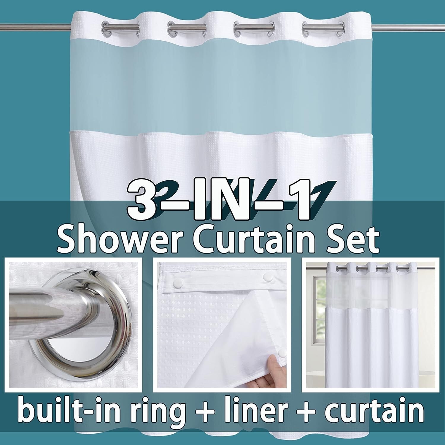 Elegant Waffle Weave Shower Curtain 71W x 84H with Water-Resistant Liner