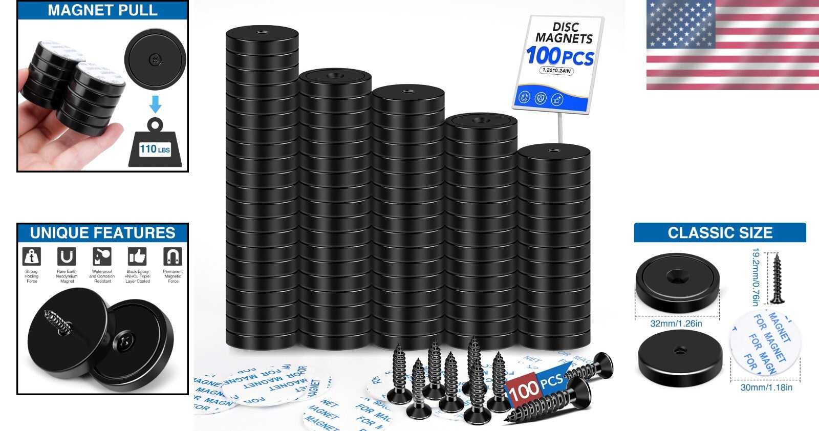 Strong 100 Pack Neodymium Magnets: 110 lbs Black with Screws for Versatile Use