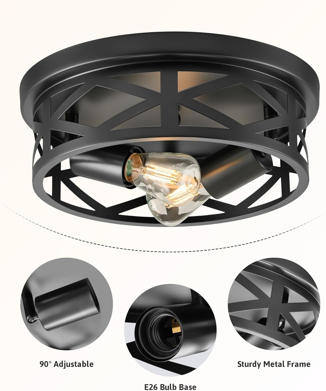 Modern Black Farmhouse Flush Mounts - 11" Adjustable Ceiling Lights Set of 2