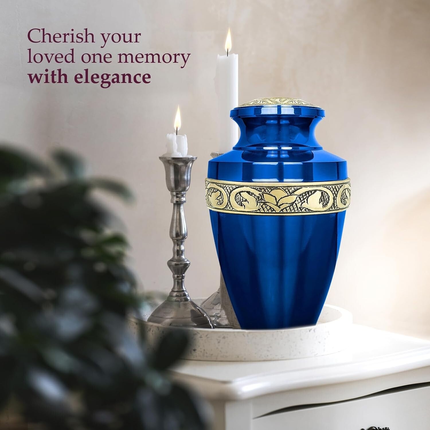 Beautiful Decorative Burial Urn for Adult Ashes - Blue and Gold Aluminum Finish