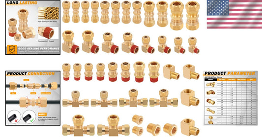 Brass Air Brake Fittings Assortment - 42 Piece Kit for Truck & Industrial Use