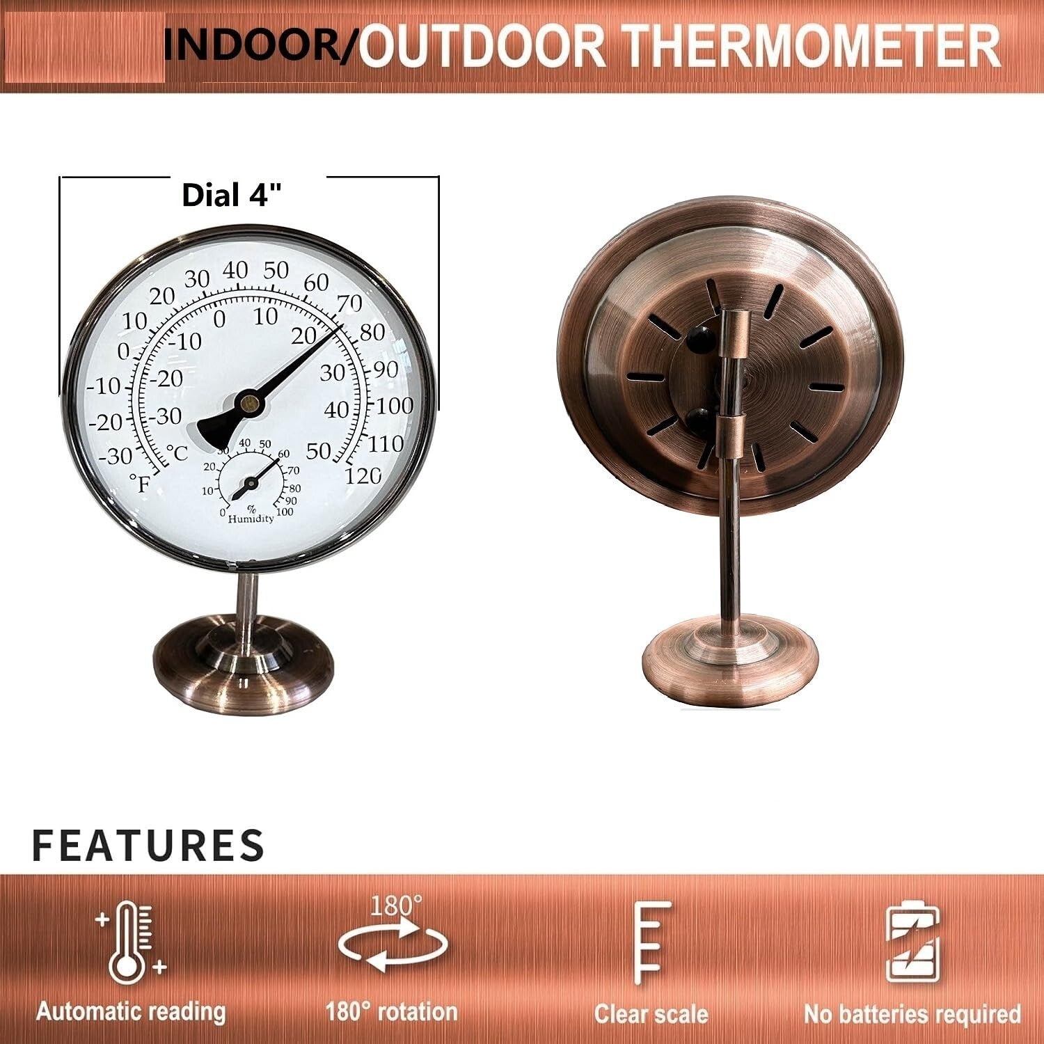 Elegant 4-Inch Indoor/Outdoor Thermometer with Hygrometer – Durable Brass Design