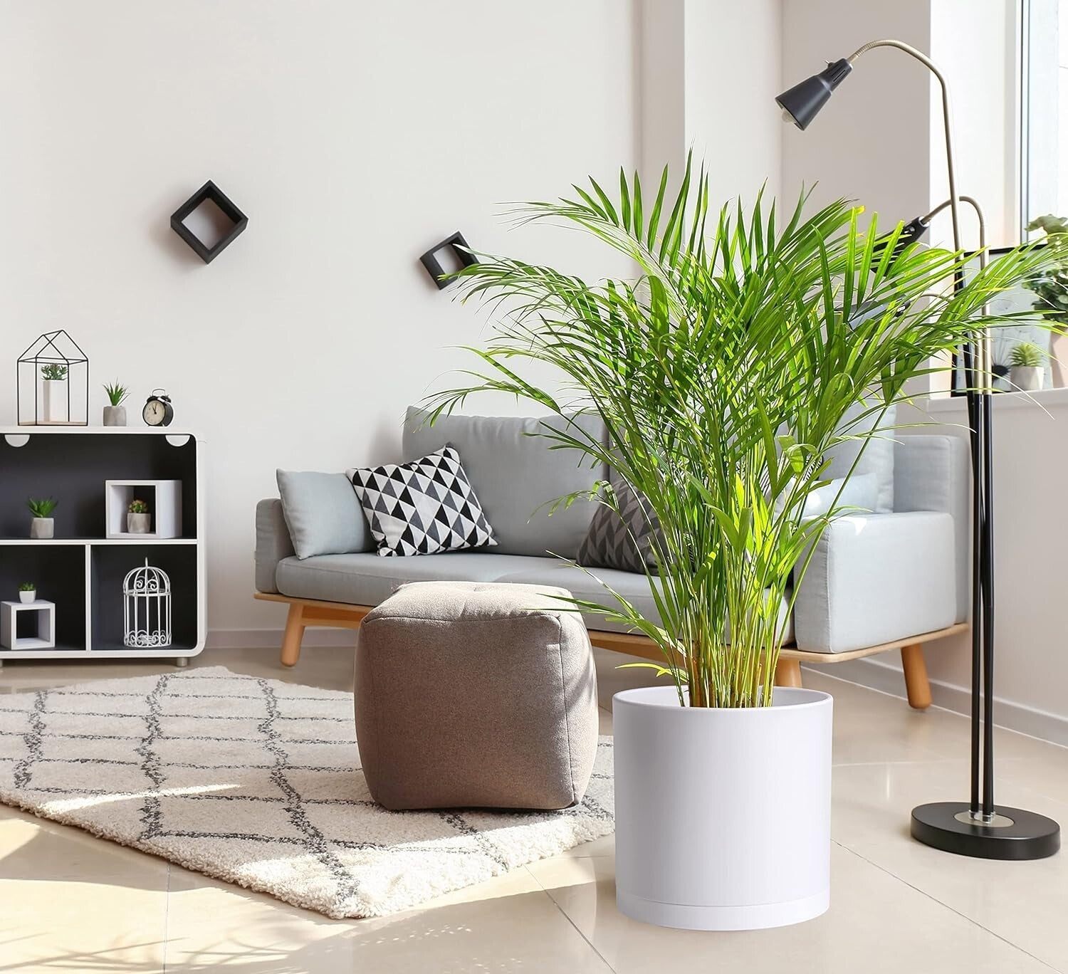 Elegant 14 Inch Cylindrical Plastic Planters with Drainage Holes & Saucer Set