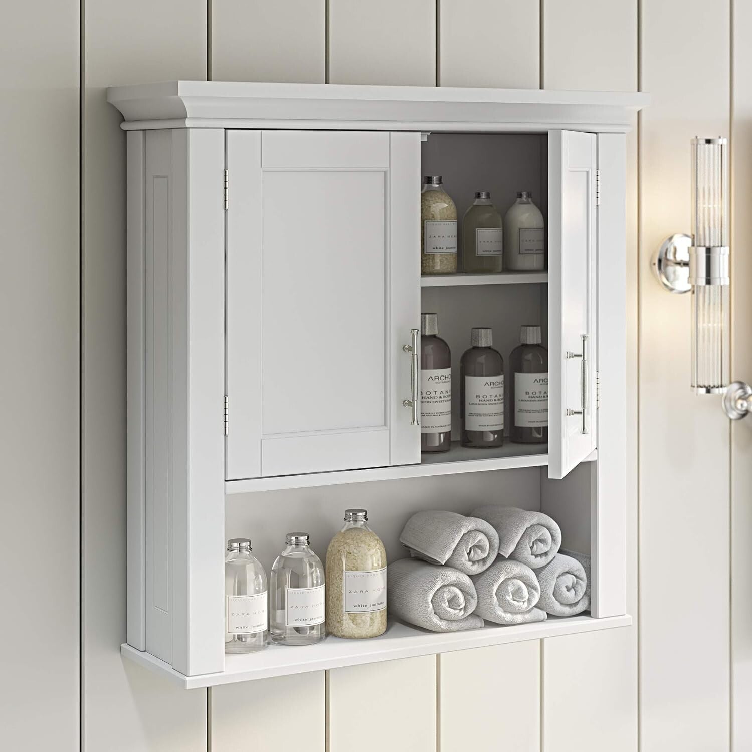 Stylish Wall Mount Storage Cabinet with Open Shelf for Toiletries - White Finish