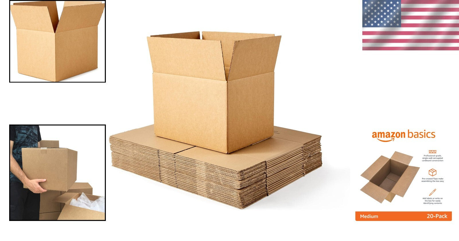 Easy Setup Medium Moving Boxes, 20-Pack - 18" x 14" x 12" Usable for All Packing
