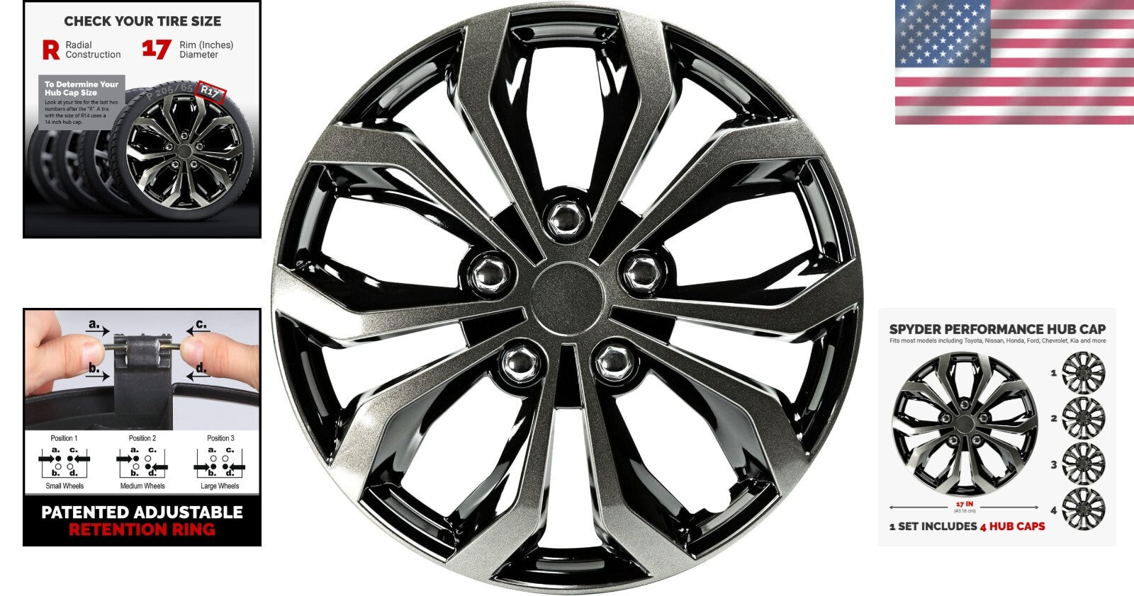 Universal 17 Inch Black & Gunmetal Hubcap Wheel Covers - Set of 4 for Most Cars