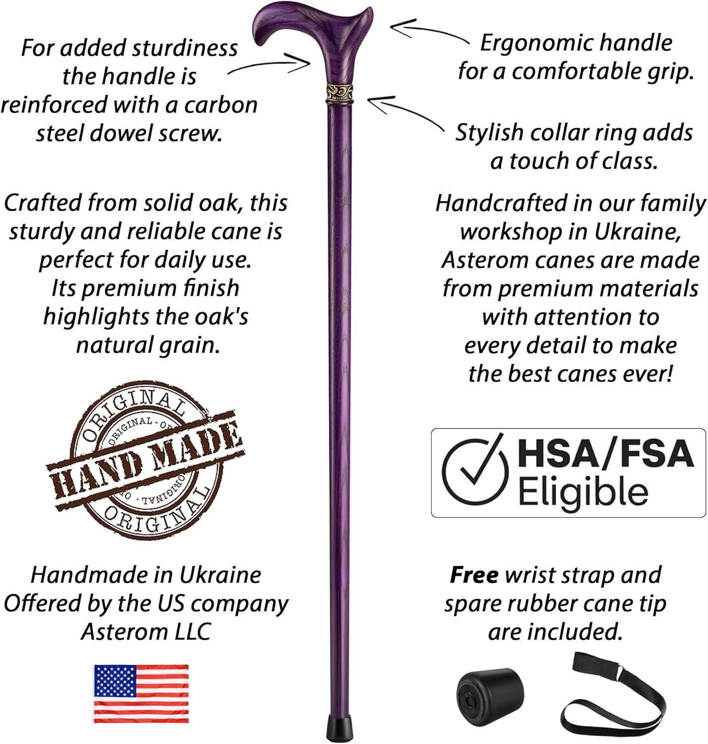 Stylish Hardwood Oak Walking Cane - 36" Ergonomic & Durable Design for Seniors