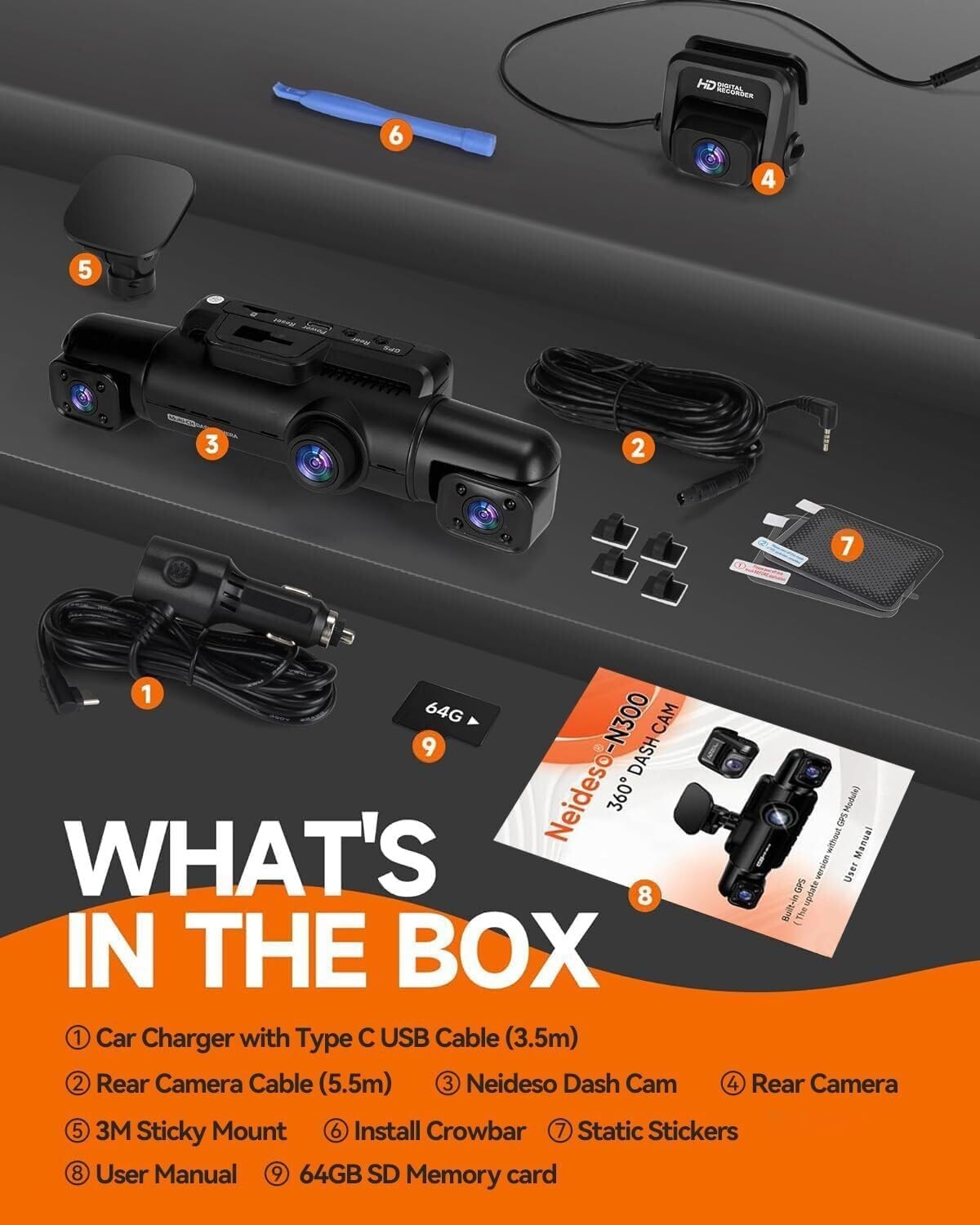 Wi-Fi Connected 360° Dash Cam with Voice Control & 24-Hour Parking Surveillance