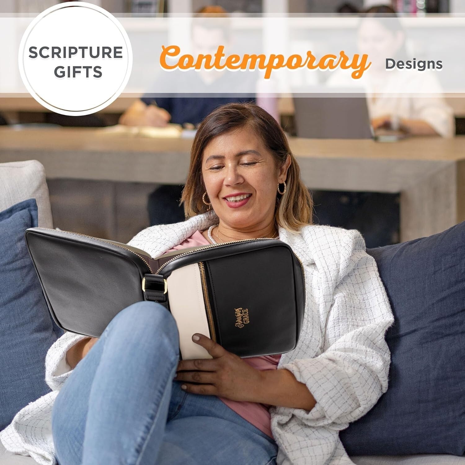 Water-Resistant 'Amazing Grace' Bible Cover in Stylish Black & Tan Faux Leather