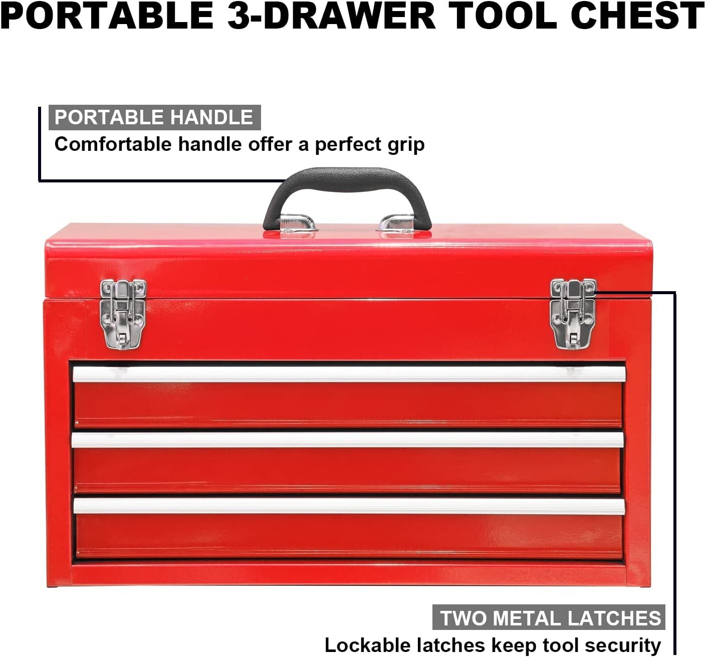 Durable 20-Inch Steel Tool Box with 3 Drawers and Smooth Ball Bearing Operation