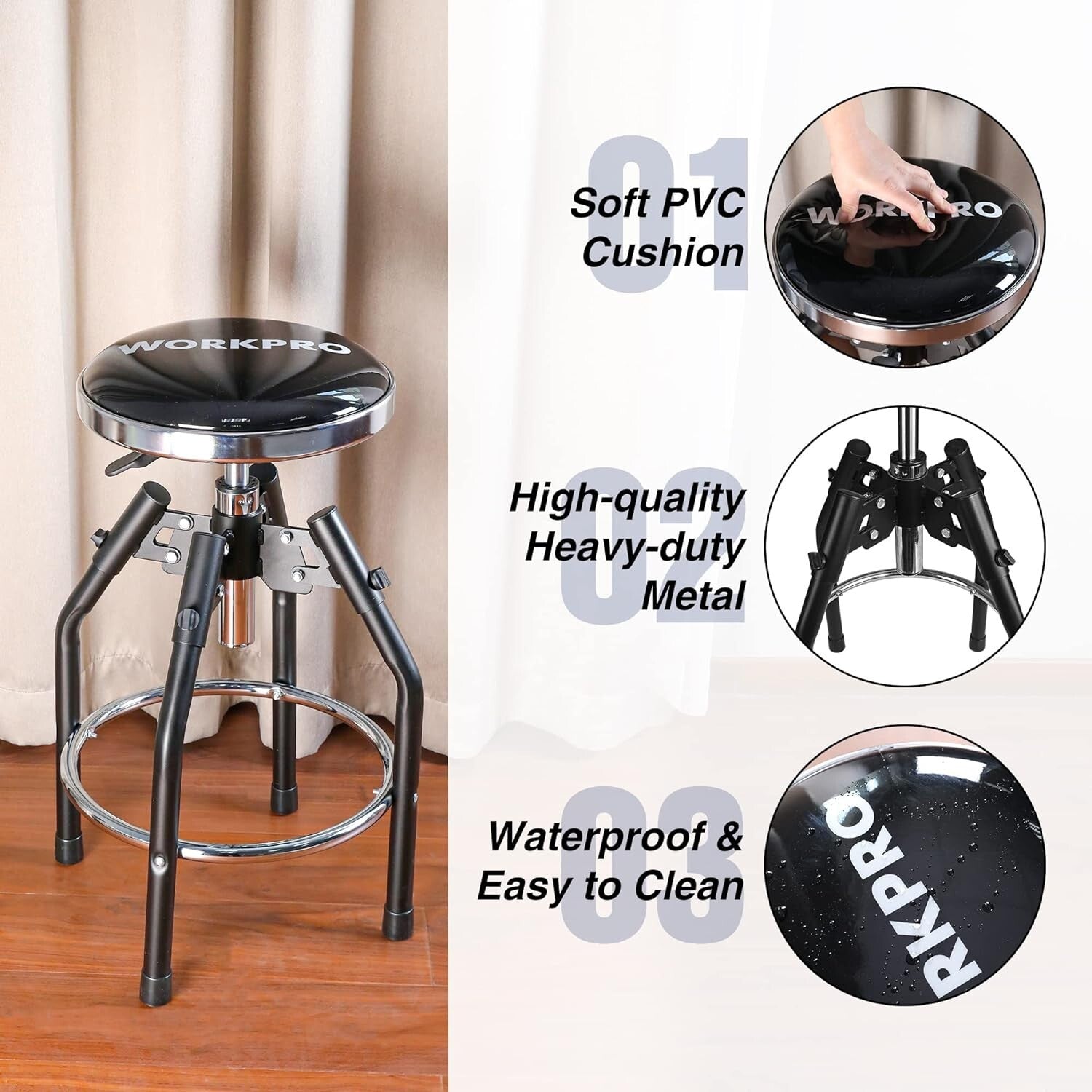 Black Heavy Duty Shop Stool - Hydraulic Height Adjustable 29in to 33.86in
