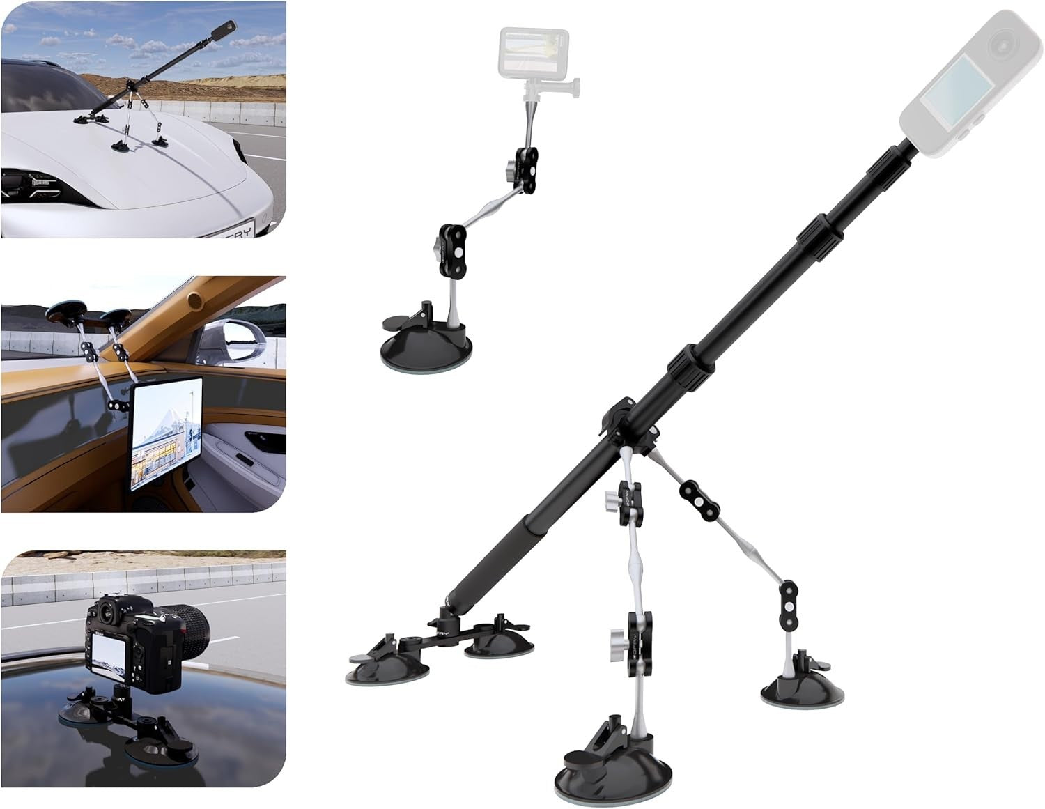 Aviation Grade Aluminum Car Mount with 44-Inch Selfie Stick for Action Cameras