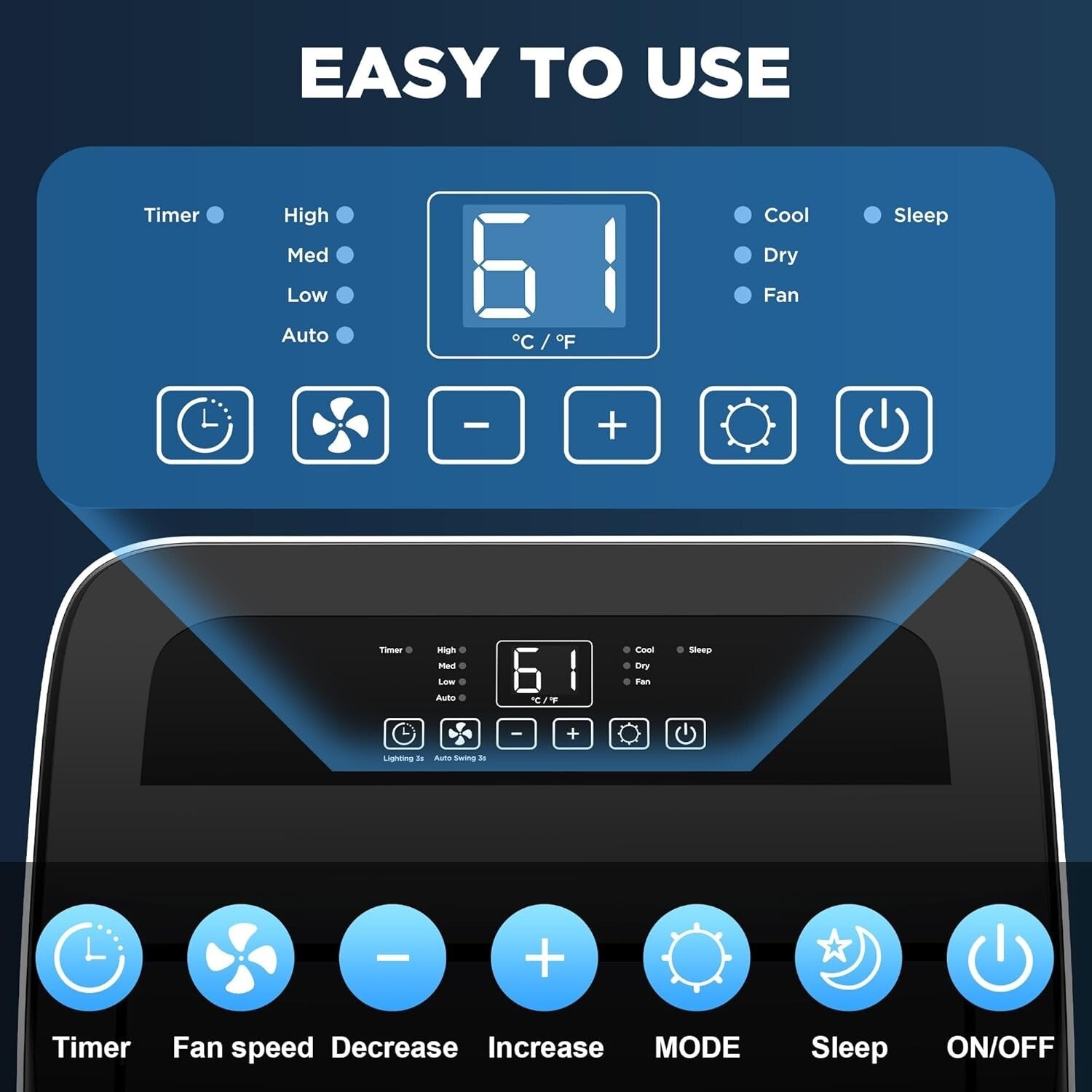 14000 BTU 3-in-1 Portable AC with Remote for 700 sq.ft - Cooling & Dehumidifying