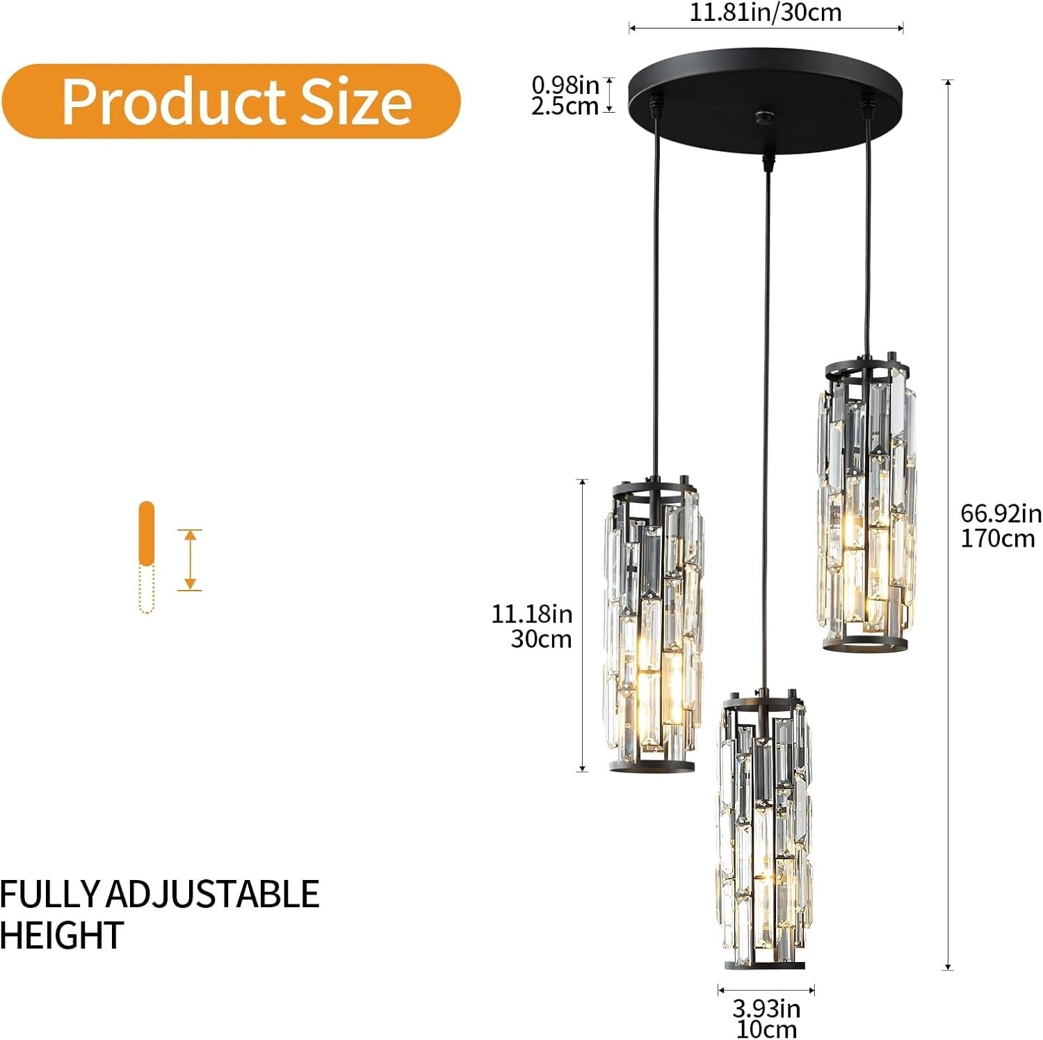 Modern Black Metal & Crystal Pendant Light - Perfect for Living Room and Kitchen