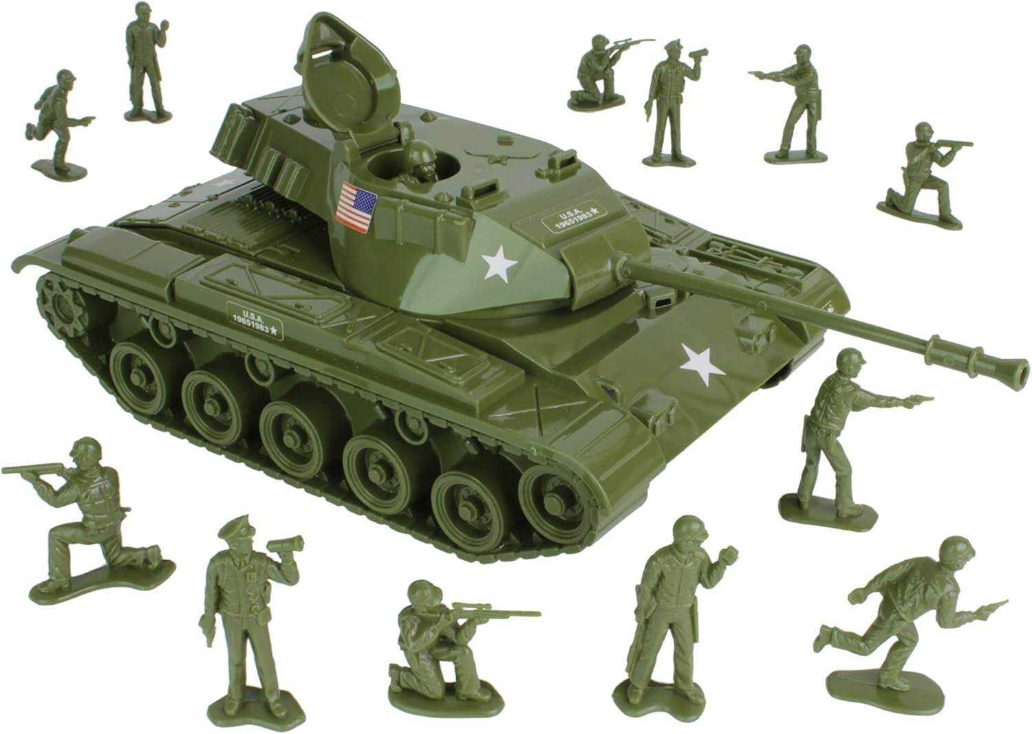 Impressive OD Green Walker Bulldog Tank Playset with 12 Soldiers - 14 inch Size